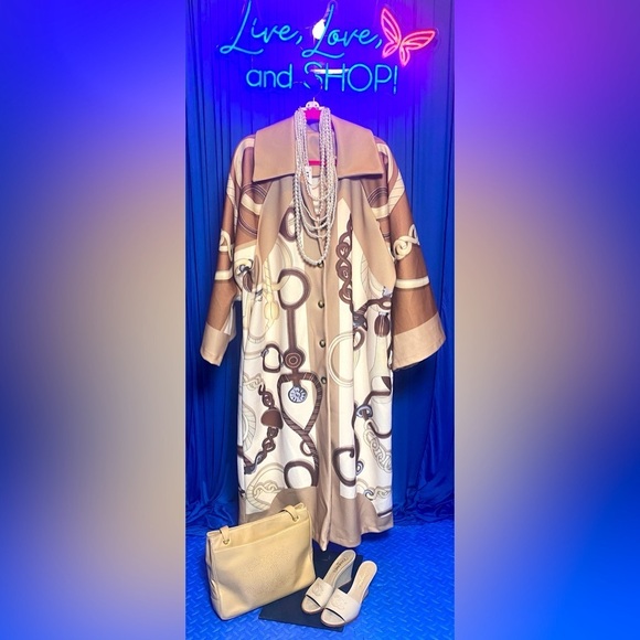 Brown, Beige, & Cream Oversized Coat w/Chain Links Pattern Design, NWT - Picture 5 of 13